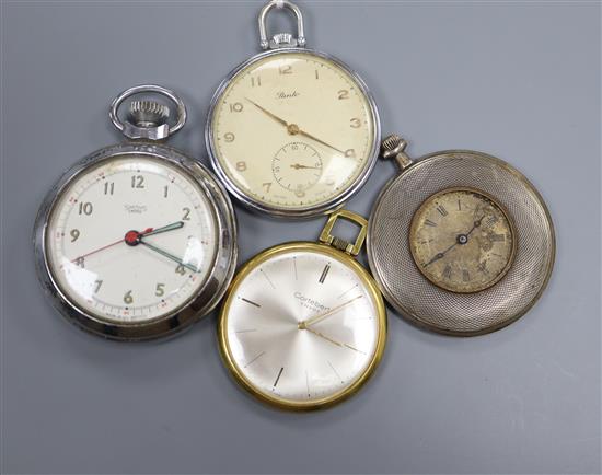 A continental engine turned silver dress pocket watch and three others including Smiths, Cortebert & Panto.